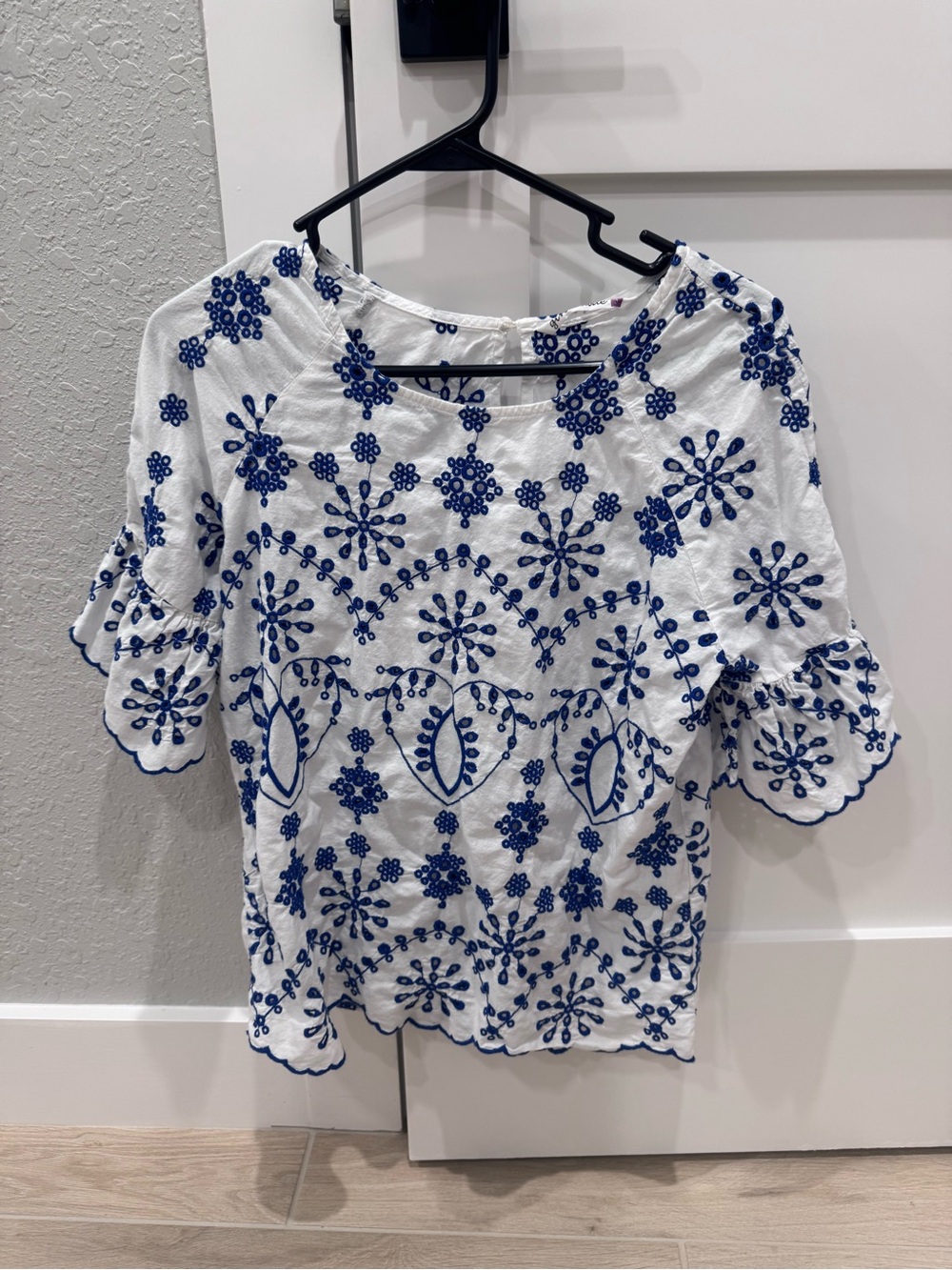 White & Blue Embroidered Peasant Blouse